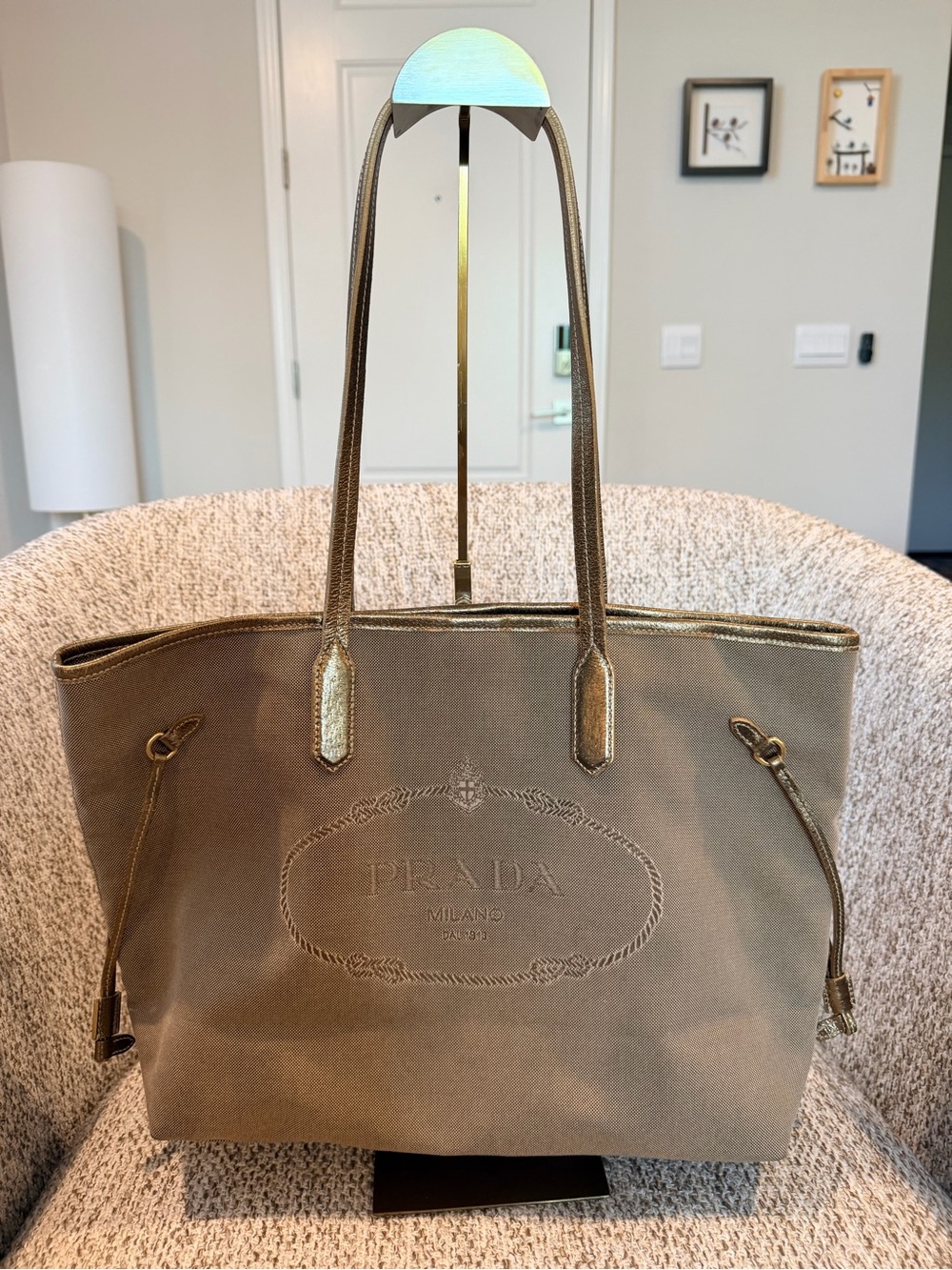 PRADA Vintage Logo Jacquard Canvas Tote Gold Metallic Leather Trim
